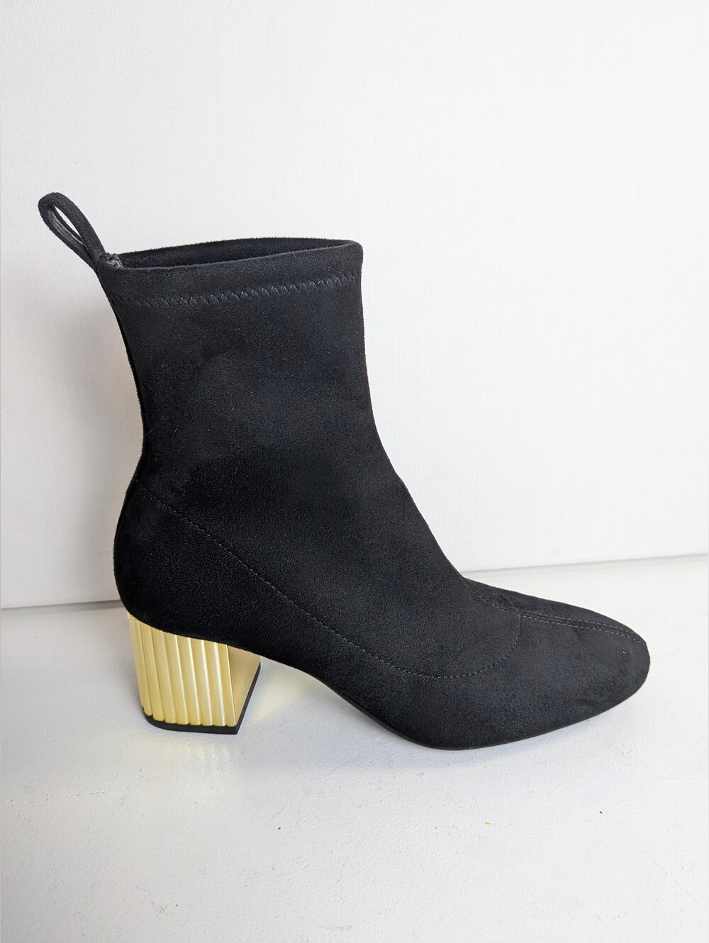 Michael Kors Porter Mid Boot Women Sz 7 Black Stretch Faux Suede Gold block Heel